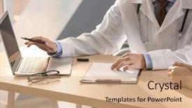  Presentation with asian doctor obese patient - Audience pleasing presentation theme consisting of doctor consulting patient in clinic backdrop and a coral colored foreground