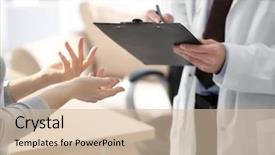  Presentation with asian doctor obese patient - Amazing PPT theme having doctor consulting patient in clinic backdrop and a  colored foreground