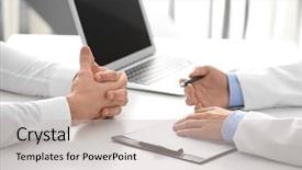  Presentation with patient and doctor - Audience pleasing presentation theme consisting of doctor consulting patient in clinic backdrop and a soft green colored foreground