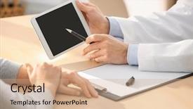  Presentation with asian doctor obese patient - Cool new presentation design with doctor consulting patient in clinic backdrop and a coral colored foreground