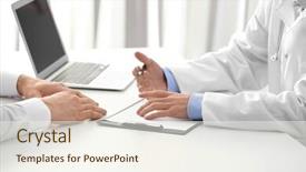  Presentation with consulting - Slide deck consisting of doctor consulting patient in clinic background and a  colored foreground