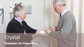  Presentation with medical practice - Audience pleasing slide deck consisting of doctor cutting off the bandage on an elderly woman's arm with scissors in a general medical practice backdrop and a gray colored foreground