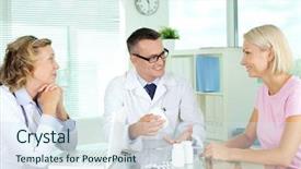  Presentation with describing people - Theme enhanced with doctor describing vitamins to patient background and a  colored foreground