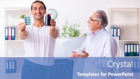  Presentation with trousers - Presentation design consisting of doctor-dietician-and-happy-patient background and a teal colored foreground