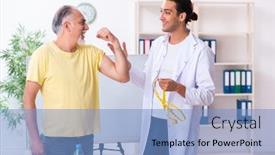  Presentation with fat - Cool new PPT theme with doctor-dietician-giving-advices backdrop and a light blue colored foreground