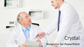  Presentation with physician - PPT theme having doctor discuss in teamwork patient background and a  colored foreground
