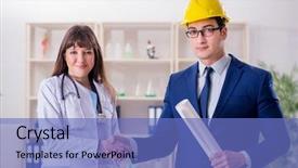  Presentation with hospital improvement plan - Presentation featuring doctor discussing new hospital plan background and a  colored foreground