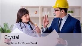  Presentation with hospital - PPT theme enhanced with doctor discussing new hospital plan background and a light blue colored foreground