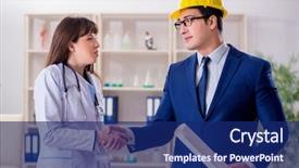  Presentation with hospital improvement plan - Amazing presentation design having doctor discussing new hospital plan backdrop and a  colored foreground