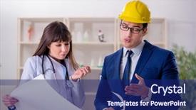  Presentation with hospital improvement plan - Presentation theme consisting of doctor discussing new hospital plan background and a  colored foreground