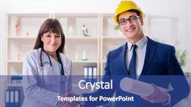  Presentation with hospital - Presentation design with doctor discussing new hospital plan background and a  colored foreground