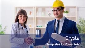  Presentation with hospital - Beautiful slide set featuring doctor discussing new hospital plan backdrop and a navy blue colored foreground