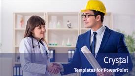  Presentation with hospital improvement plan - Colorful PPT layouts enhanced with doctor discussing new hospital plan backdrop and a navy blue colored foreground