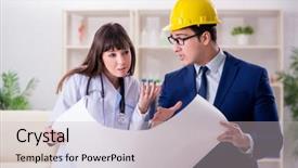  Presentation with hospital improvement plan - Audience pleasing theme consisting of doctor discussing new hospital plan backdrop and a light gray colored foreground