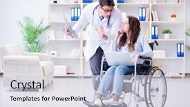  Presentation with doctor discussing family - PPT theme with doctor discussing x-ray image background and a  colored foreground