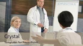  Presentation with team - Presentation featuring doctor doing presentation for colleagues background and a coral colored foreground