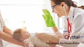  Presentation with baby doctor - PPT theme with doctor examining a baby background and a coral colored foreground