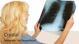  Presentation with female - Slide deck consisting of doctor examining an x-ray background and a coral colored foreground