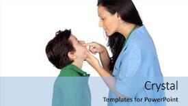  Presentation with woman child - Cool new slide deck with doctor examining childs eye - pediatrician woman making a checkup backdrop and a light blue colored foreground