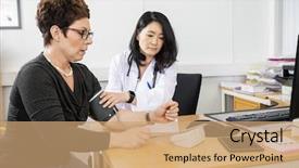  Presentation with blood pressure - Presentation enhanced with doctor examining female patient's blood pressure background and a coral colored foreground