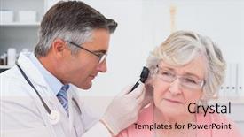  Presentation with diagnosis - Slides enhanced with doctor examining female patients ear background and a coral colored foreground