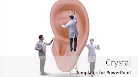  Presentation with medical ear - Colorful PPT theme enhanced with doctor-examining-giant-ear backdrop and a sky blue colored foreground