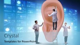  Presentation with medical ear - PPT theme consisting of doctor-examining-giant-ear background and a light blue colored foreground