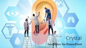  Presentation with medical ear - Colorful PPT theme enhanced with doctor-examining-giant-ear backdrop and a arctic colored foreground