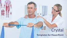  Presentation with doctor and patient medical consultation - Presentation design enhanced with doctor examining her patient back background and a  colored foreground