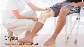  Presentation with examination - Presentation enhanced with doctor examining her patient knee background and a soft green colored foreground