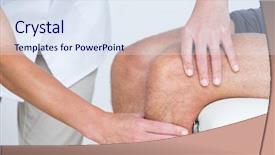  Presentation with knee - Presentation design featuring doctor examining her patient knee in medical office background and a sky blue colored foreground