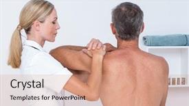  Presentation with doctor office - Beautiful PPT layouts featuring doctor examining her patient shoulder backdrop and a coral colored foreground