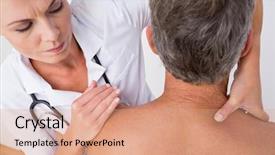  Presentation with doctor office - PPT theme featuring doctor examining her patient shoulder background and a coral colored foreground