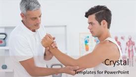  Presentation with doctor office - Amazing slide set having doctor examining his patient arm backdrop and a coral colored foreground