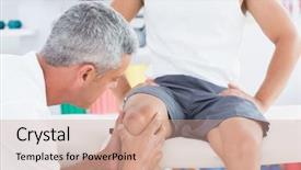  Presentation with knee - Slide set featuring doctor examining his patient knee in medical office background and a coral colored foreground