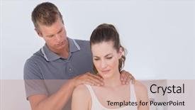  Presentation with doctor and patient medical consultation - Slide set with doctor examining his patient neck background and a coral colored foreground