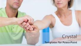  Presentation with patients - Presentation design enhanced with doctor examining his patients hand in medical office background and a light blue colored foreground