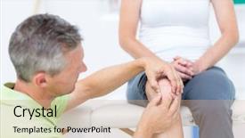  Presentation with doctor and patient medical consultation - Colorful presentation enhanced with doctor examining his patients knee backdrop and a  colored foreground