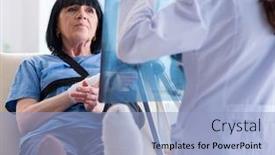  Presentation with incident - Presentation enhanced with doctor examining old mature woman after incident background and a light blue colored foreground