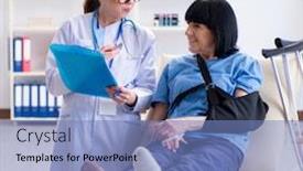  Presentation with incident - Beautiful PPT theme featuring doctor-examining-old-mature-woman backdrop and a teal colored foreground