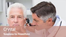  Presentation with patients - Theme with doctor examining senior patients ear background and a coral colored foreground