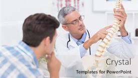  Presentation with doctor office - Slide deck with doctor explaining anatomical spine to his patient in medical office background and a soft green colored foreground