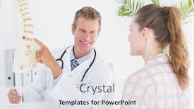  Presentation with spine - PPT theme having doctor explaining anatomical spine to his patient in medical office background and a sky blue colored foreground