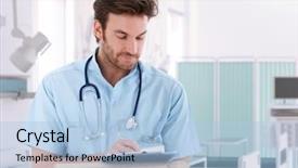  Presentation with record - Slide deck having doctor filling out patient record background and a light blue colored foreground