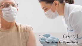  Presentation with vaccination - PPT theme with doctor-giving-a-senior-man background and a mint green colored foreground