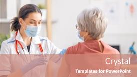  Presentation with vaccination - PPT layouts with doctor-giving-a-senior-woman background and a coral colored foreground