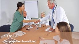 Presentation with team meeting - Cool new theme with doctor giving handshake to new backdrop and a coral colored foreground
