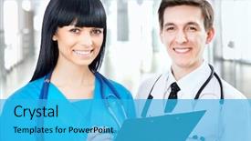  Presentation with diagnosis - Audience pleasing theme consisting of doctor giving his younger colleague a piece of advice concerning the diagnosis backdrop and a cyan colored foreground