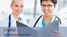  Presentation with diagnosis - Theme with doctor giving his younger colleague a piece of advice concerning the diagnosis background and a teal colored foreground