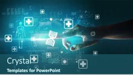  Presentation with medical hand - PPT theme having doctor-hand-pressing-futuristic-health background and a ocean colored foreground